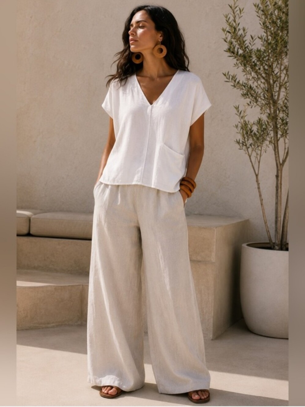Eileen Fisher Neutral Wide-Leg Linen-Blend Pants